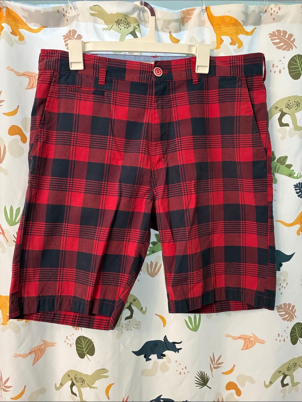 Men's Red and Black Plaid Flat Front Shorts